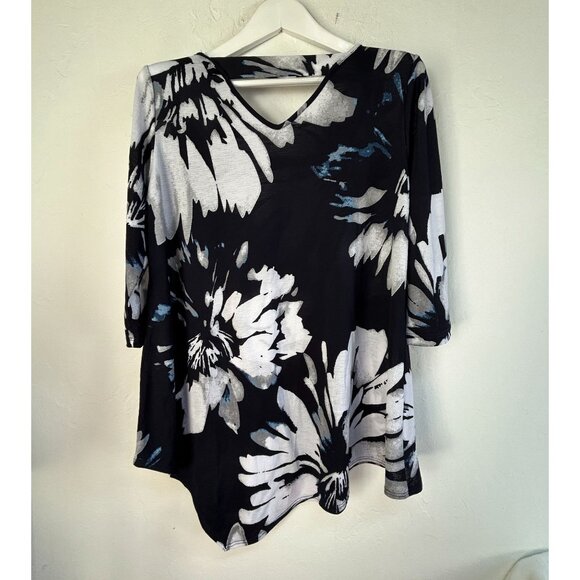 Clara Sunwoo Womens Floral Asymmetric Hem 3/4 Sleeve Tunic Top Large Black/White - Picture 2 of 7